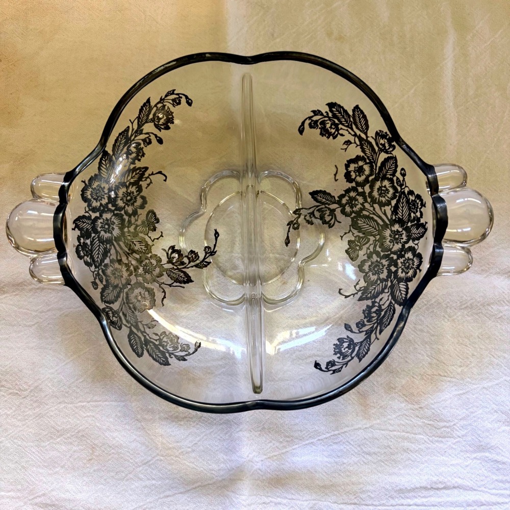 Vintage 2-part relish tray Blossom Time Silver Overlay Divided Glass Relish Dish